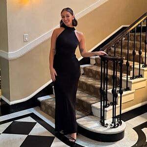 Satin drape back maxi dress with slit